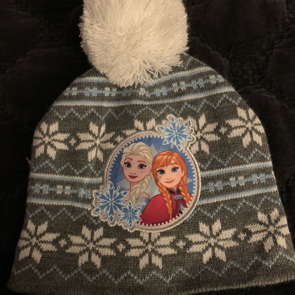Disney Frozen Girls' One Size Gray Fair Isle Pom Beanie Cap-with Elsa and Anna